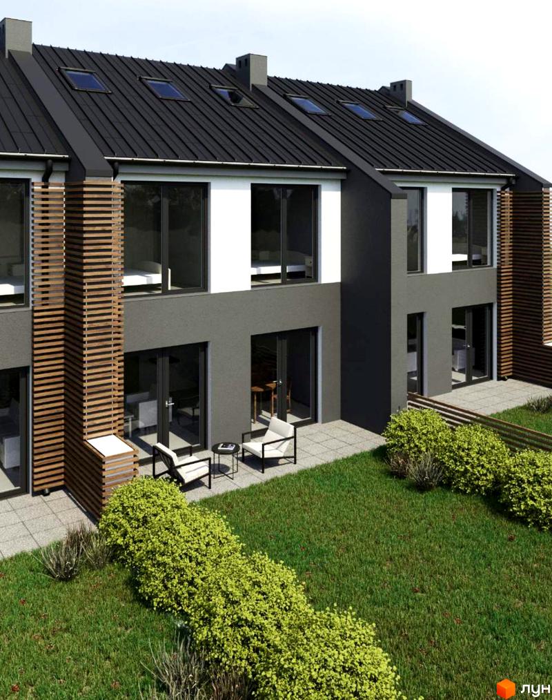 Зовнішній вигляд будинку КМ Airport City з великими вікнами, темним дахом та дерев'яними елементами. Прибудинкова територія з газоном та кущами.