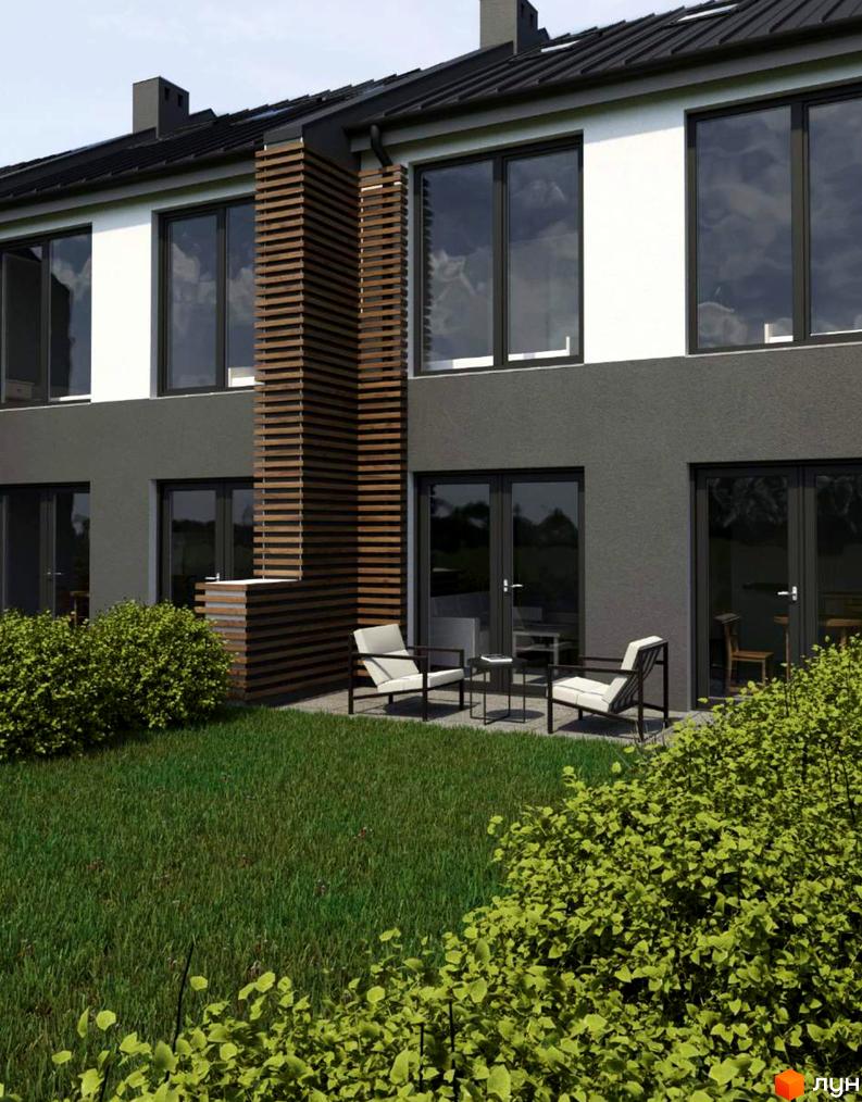 Зовнішній вигляд будинку КМ Airport City з терасою та зеленим газоном. Комплекс має великі вікна та дерев'яні елементи.