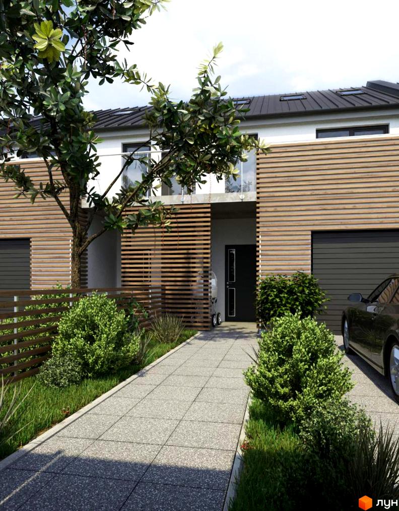 Котеджне містечко Airport City: сучасний будинок з дерев'яним фасадом, гаражними воротами та доглянутою прибудинковою територією з деревами та кущами.