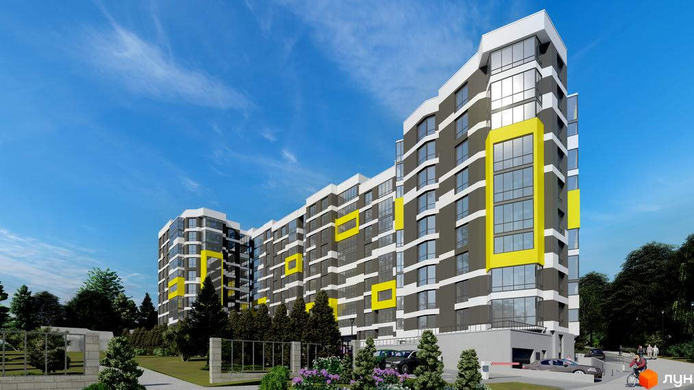 Новобудова ЖК на Слівенській з яскравими жовтими акцентами та панорамними вікнами, оточена зеленими деревами та доглянутою прибудинковою територією.