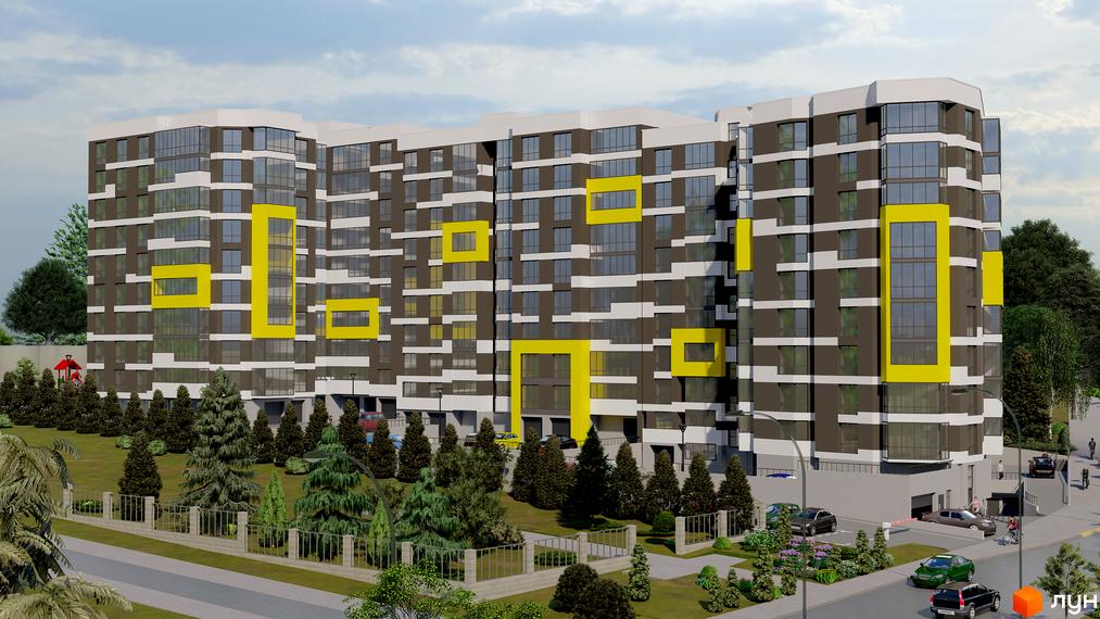 Зовнішній вигляд житлового комплексу на Слівенській з жовтими акцентами та скляними фасадами. Навколо комплексу розташовані зелені насадження та доглянута прибудинкова територія.