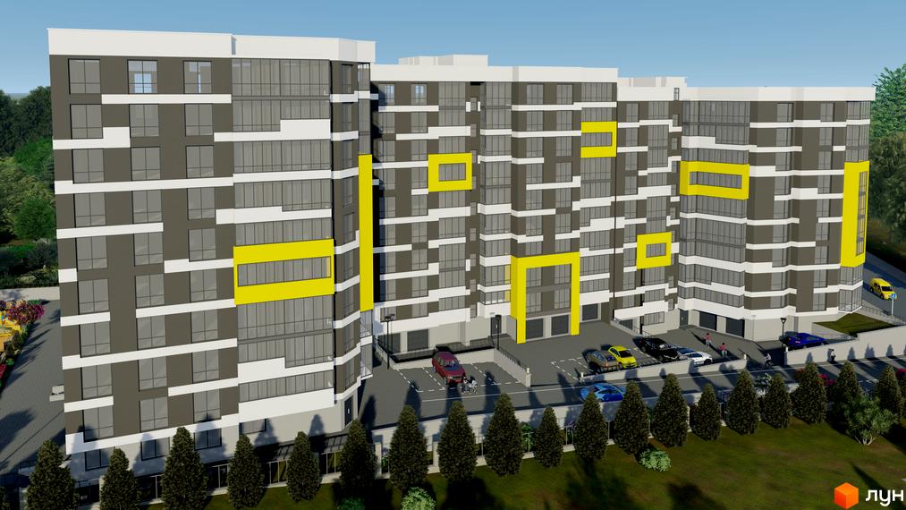 Житловий комплекс на Слівенській з сірими фасадами, білими та жовтими акцентами, великими вікнами та паркінгом біля будинку.