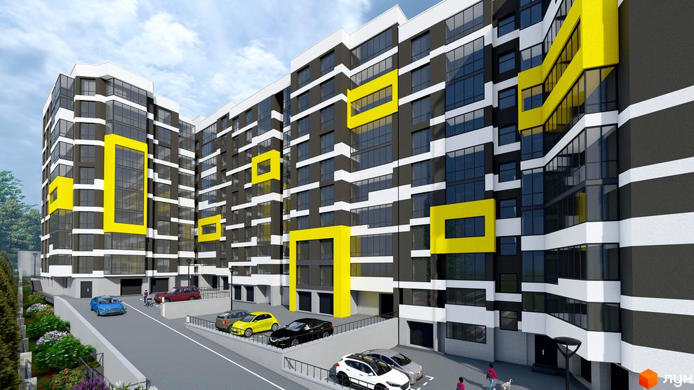 Зовнішній вигляд новобудови ЖК на Слівенській з яскравими жовтими елементами та паркінгом. Навколо будинку облаштована прибудинкова територія з зеленими насадженнями та автомобілями.