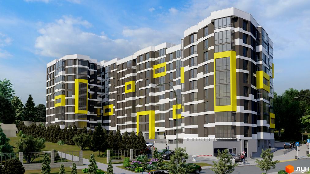 Зовнішній вигляд житлового комплексу на Слівенській з яскравими жовтими акцентами та великими вікнами. На прибудинковій території розташовані дерева та місця для паркування.