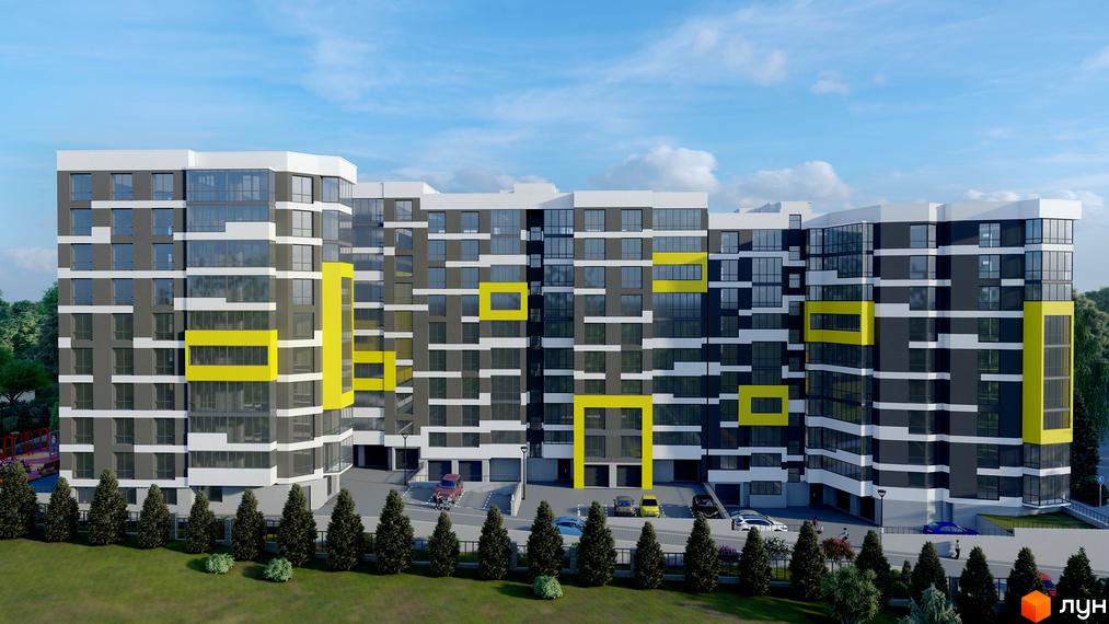 Зовнішній вигляд житлового комплексу на Слівенській з сірими та білими фасадами, яскравими жовтими акцентами та великими вікнами. На прибудинковій території розташовані дерева та автомобілі.