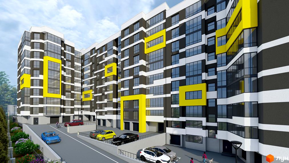 Житловий комплекс на Слівенській: багатоповерховий будинок з яскравими жовтими елементами та панорамними вікнами. Прибудинкова територія з парковкою та зеленими насадженнями.