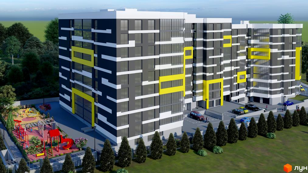 Житловий комплекс на Слівенській з яскравими жовтими елементами та великою кількістю вікон. Поряд розташований дитячий майданчик та зелена зона з деревами.