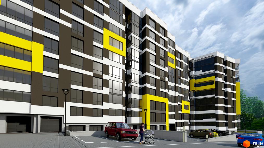 Житловий комплекс на Слівенській: фасади з контрастними жовтими елементами, великими вікнами та паркінгом. На території новобудови розташовані автомобілі та дитячий візок.