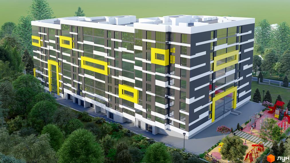 Сучасний житловий комплекс на Слівенській з яскравими жовтими елементами на фасаді та облаштованим дитячим майданчиком поруч. Комплекс має багато вікон та сучасний дизайн.