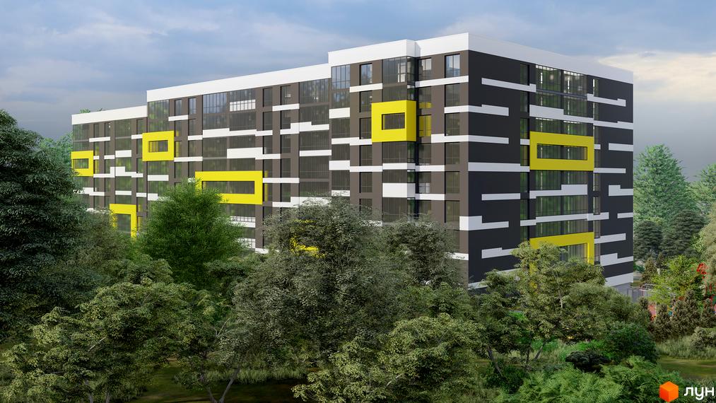 Житловий комплекс на Слівенській з фасадом у сірих та білих тонах з яскравими жовтими акцентами, оточений зеленню дерев та кущів.