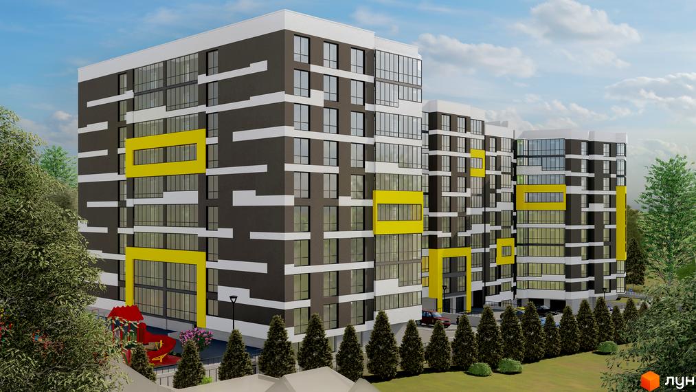 Житловий комплекс на Слівенській - багатоповерхові будинки з сіро-білим фасадом та яскравими жовтими акцентами. Поруч дитячий майданчик та зелені насадження.