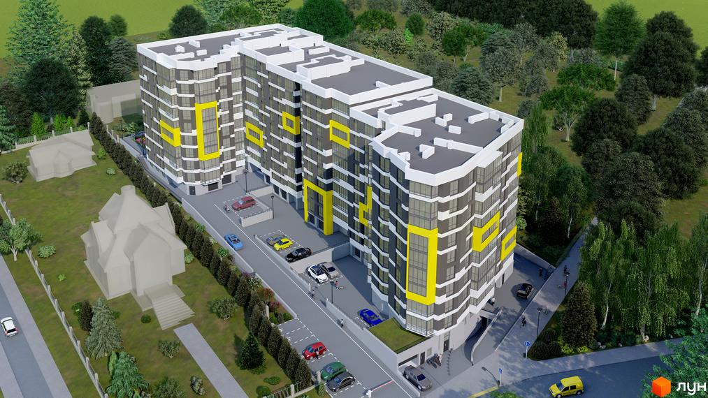 Будівельний проєкт на Слівенській з сірими фасадами, жовтими акцентами та панорамними вікнами. На прибудинковій території розташовані зелені насадження та паркувальні місця.