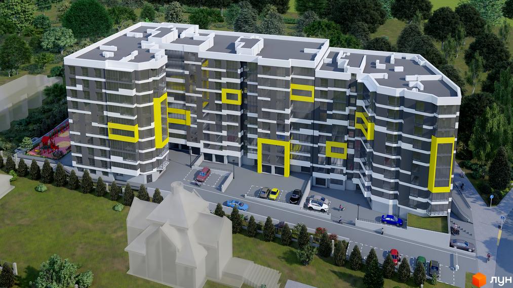 Житловий комплекс на Слівенській – це багатоповерхова новобудова з яскравими жовтими акцентами та панорамними вікнами, розташована біля зеленої зони з дитячим майданчиком.