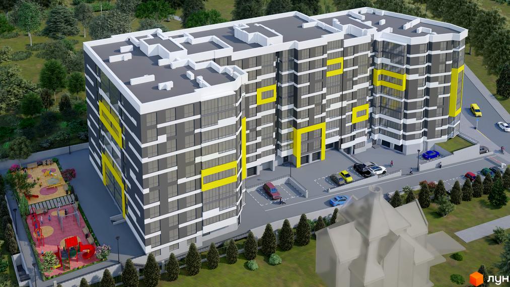 Житловий комплекс на Слівенській має сіро-білий фасад з яскравими жовтими елементами та прибудинкову територію з дитячим майданчиком та парковкою.