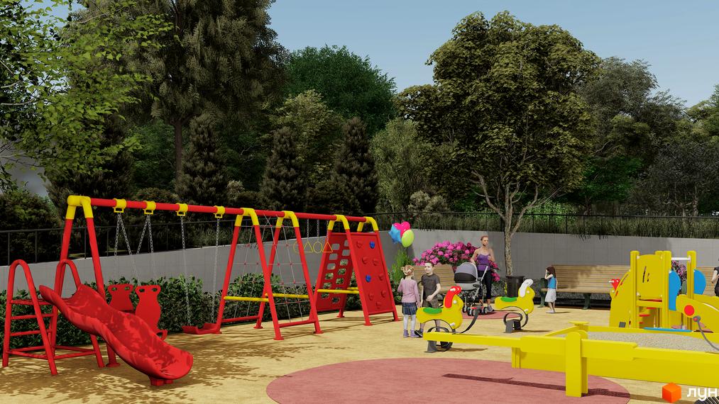 Дитячий майданчик з гіркою, гойдалками та пісочницею біля житлового комплексу на Слівенській. Зелена територія з деревами та квітами.