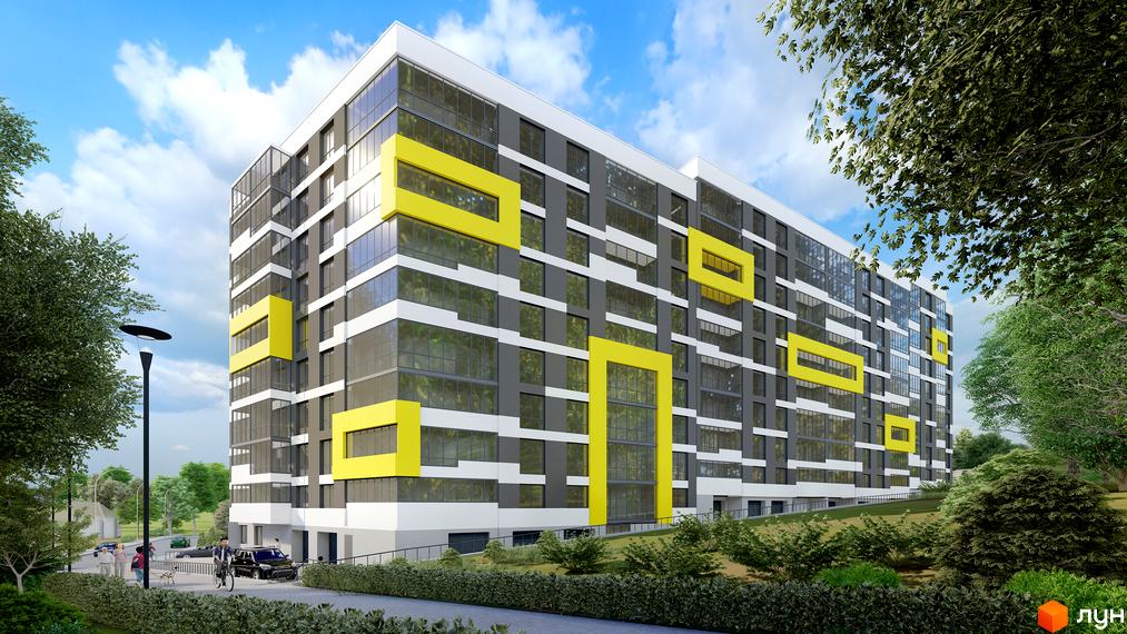 Новобудова ЖК на Слівенській з яскравими жовтими акцентами та скляними фасадами. Навколо будинку зелені насадження та доглянута прибудинкова територія.