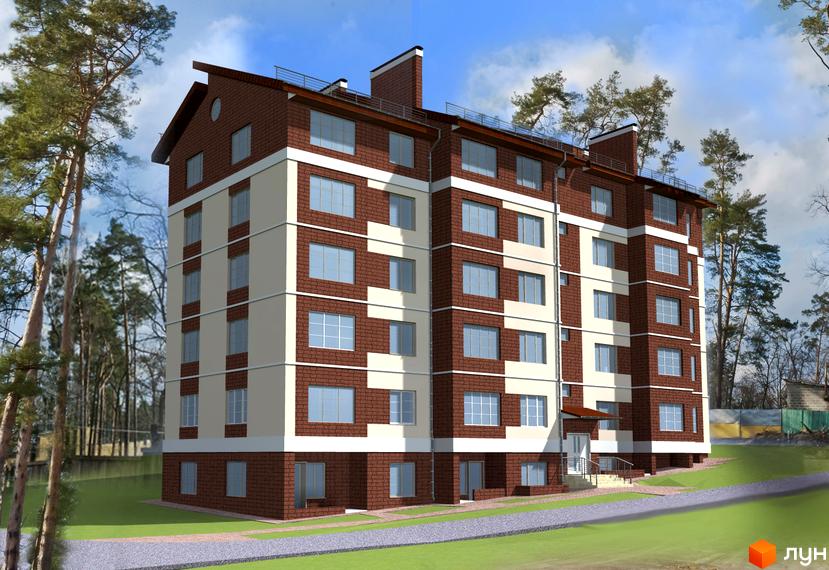 Зовнішній вигляд новобудови на вул. Лермонтова, 6е: цегляний будинок з білими вставками, вікнами та вхідною групою. Навколо будинку зелена територія з деревами та доріжками.