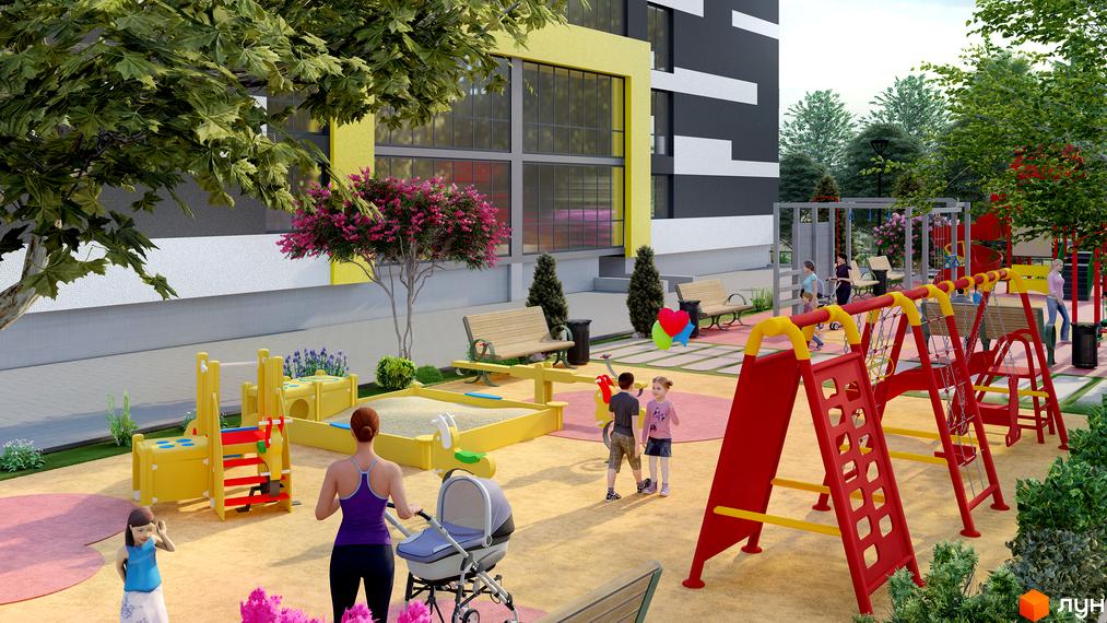 Новобудова ЖК на Слівенській з дитячим майданчиком та зонами відпочинку. Сучасний житловий комплекс з елементами дизайну.