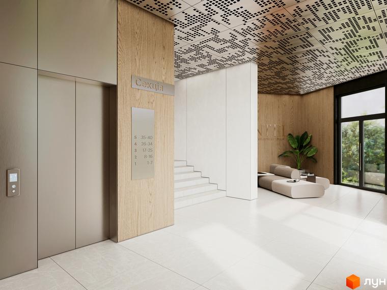 Інтер'єр холу Житлового комплексу Residence City з ліфтами та зоною очікування. Вигляд на сходи, дивани та озеленення біля вікна.