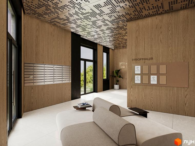 Інтер'єр холу в Житловому комплексі Residence City з поштовими скриньками та інформаційною дошкою. Зона відпочинку з диваном та видом на зелений двір.