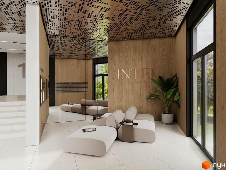 Інтер'єр вхідної групи Житлового комплексу Residence City з м'якими диванами та декоративною рослиною у вазоні. На стіні логотип забудовника.