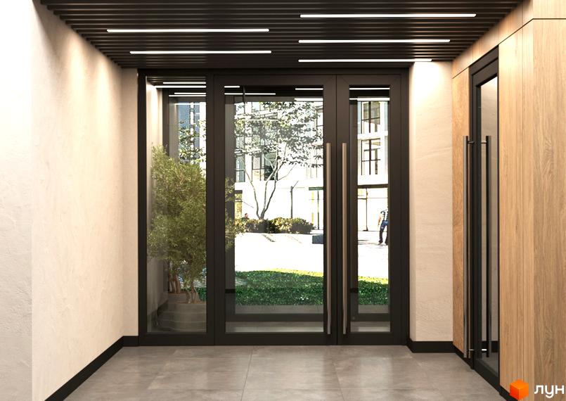 Житловий комплекс Viking Hills: вхідна група з великими скляними дверима та деревом у горщику, що виходить на зелену зону та будівлі.