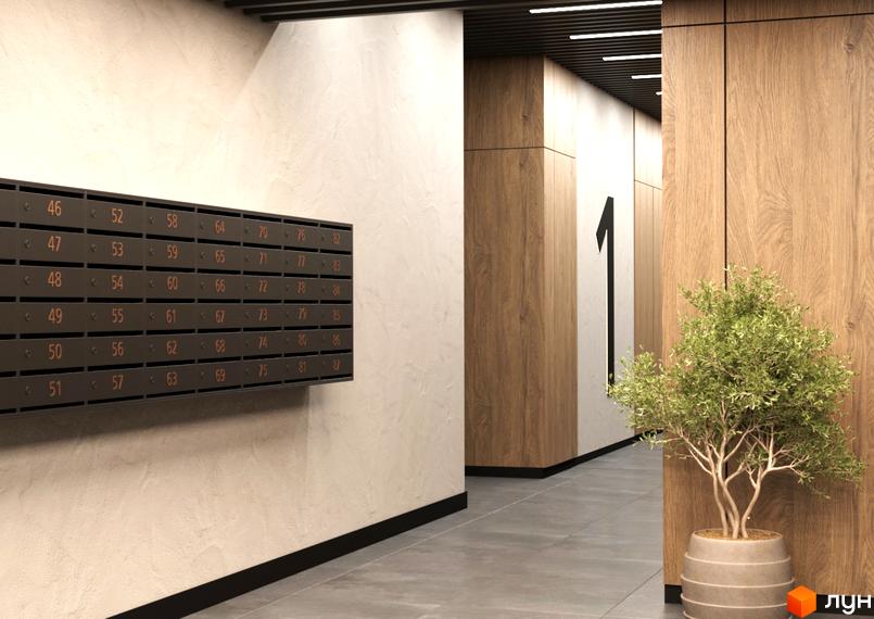 Сучасний хол житлового комплексу Viking Hills з поштовими скриньками та декором з натурального дерева. Зелена рослина в горщику додає затишку.