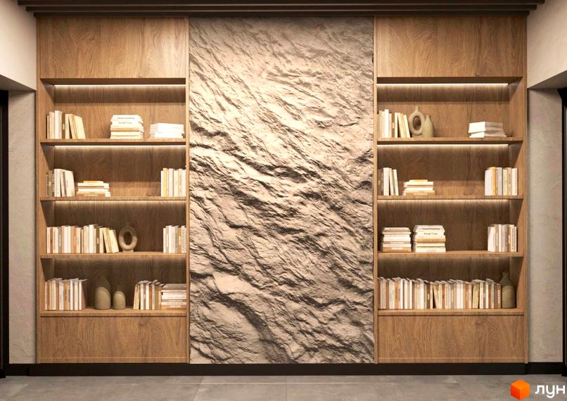 Сучасний дизайн інтер'єру з дерев'яними полицями та текстурною стіною. ЖК Viking Hills - ваш новий дім.