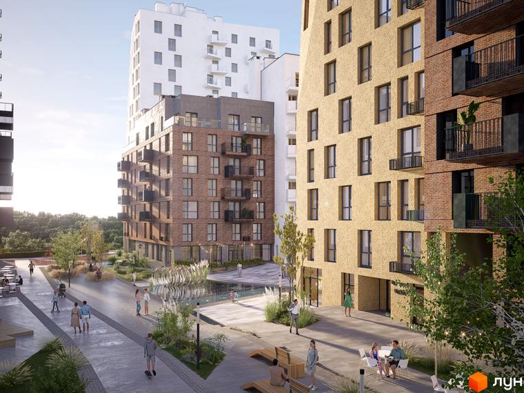 Житловий комплекс Viking Hills з фасадами з цегли та великими вікнами, з прибудинковою територією з фонтаном та зонами відпочинку.