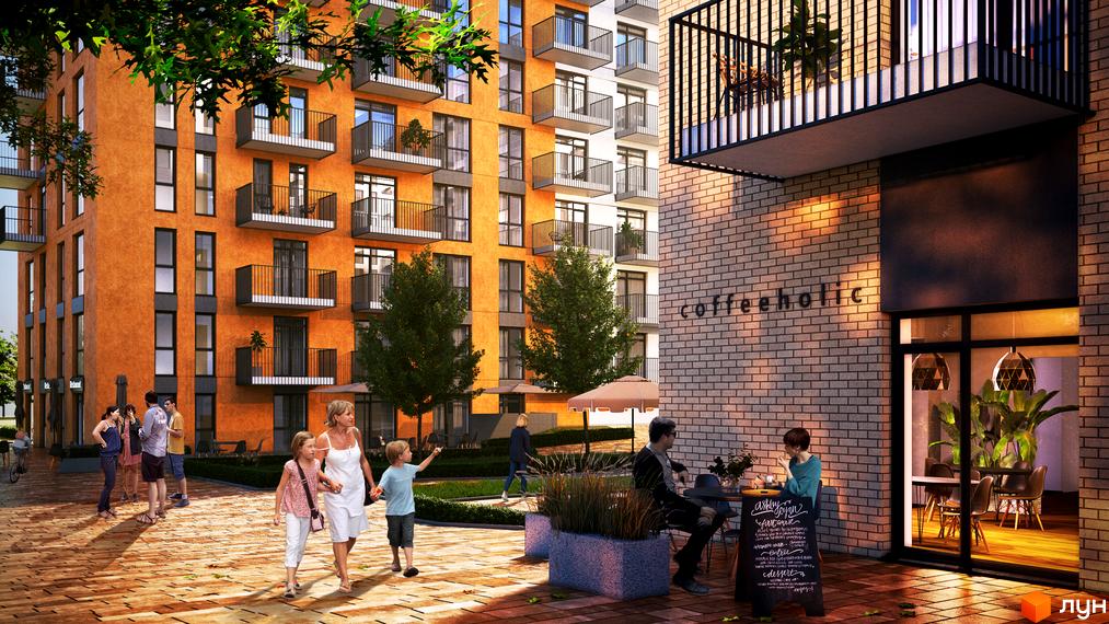 Житловий комплекс Садова Алея з яскравим фасадом та затишною прибудинковою територією, де розташовані люди та зелені насадження.