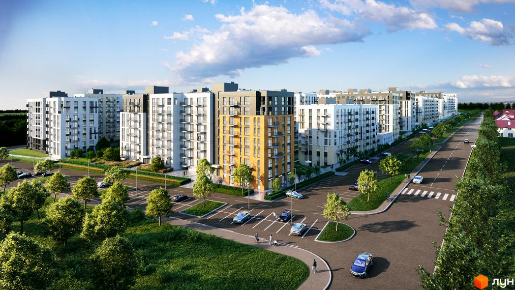 Житловий комплекс Садова Алея - це сучасна новобудова з різнокольоровими фасадами та балконами, розташована біля дороги з парковкою та зеленими зонами.