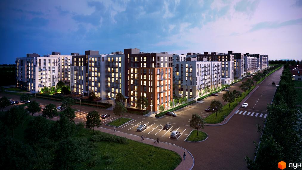 Житловий комплекс Садова Алея. Зовнішній вигляд багатоквартирних будинків з вікнами та балконами, прибудинкова територія з дорогою та парковкою.