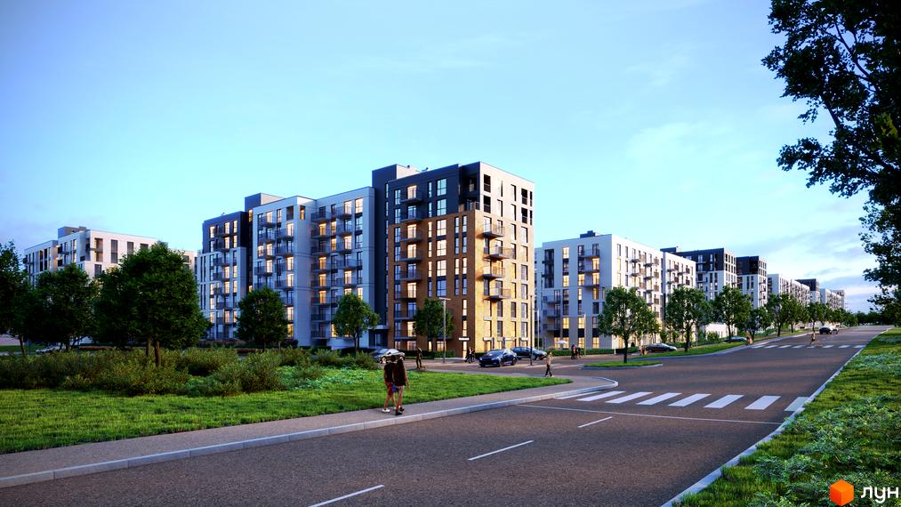 Житловий комплекс Садова Алея: фасади будинків з балконами та вікнами, зелена прибудинкова територія з деревами та доглянутим газоном.