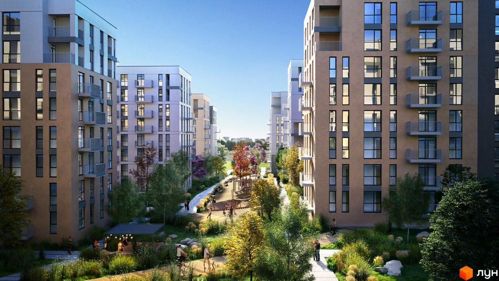 Житловий комплекс Садова Алея: фасади будинків з балконами та великими вікнами, зелена прибудинкова територія з дитячим майданчиком та зонами відпочинку.