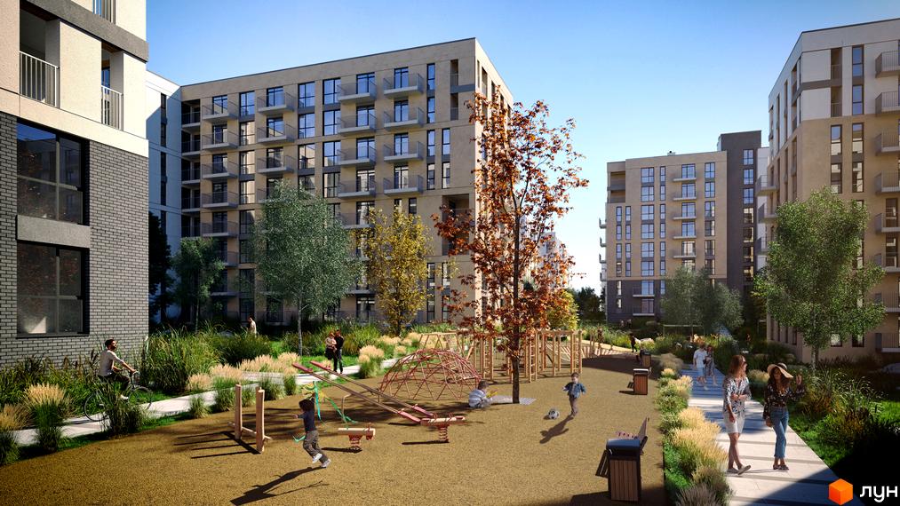 Житловий комплекс Садова Алея: фасади будинків з балконами та дитячий майданчик з елементами для гри.