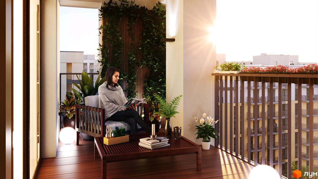 Житловий комплекс Садова Алея: жінка читає на балконі з зеленню та квітами, вид на сусідні будинки.