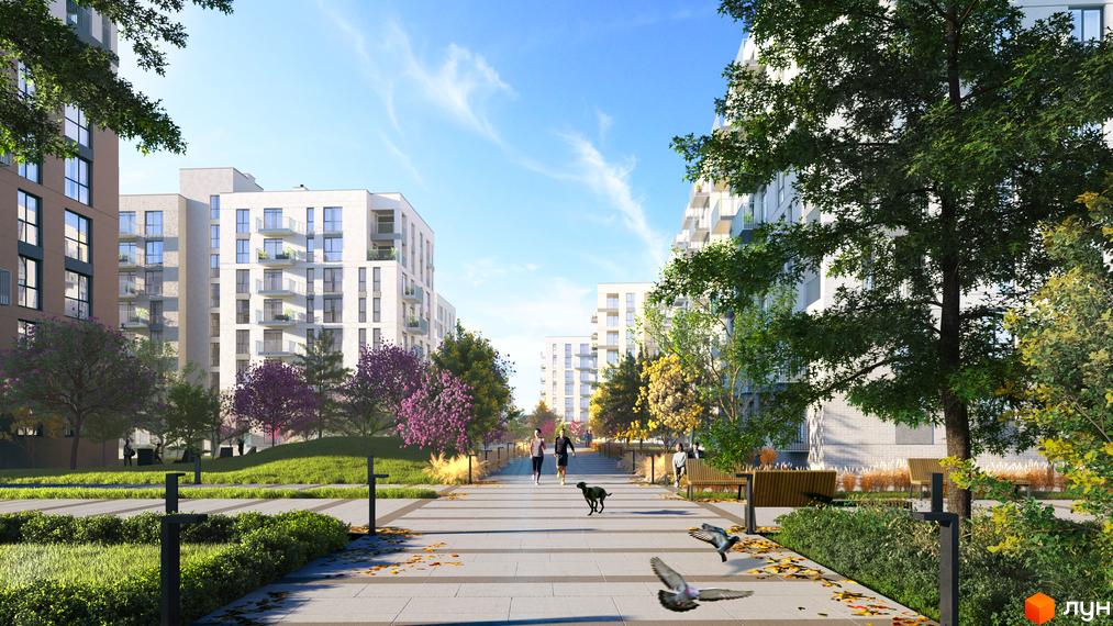 Житловий комплекс Садова Алея: білі багатоповерхові будинки з балконами та зелена прибудинкова територія з алеєю для прогулянок.