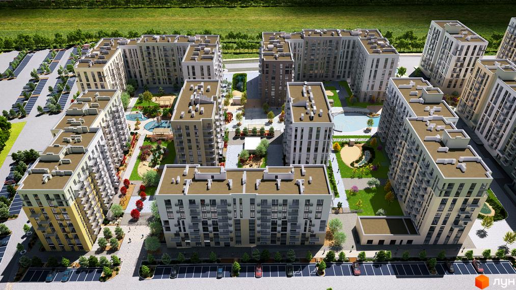 Житловий комплекс Садова Алея з сучасними будинками та зеленою прибудинковою територією, дитячими майданчиками та зонами відпочинку.