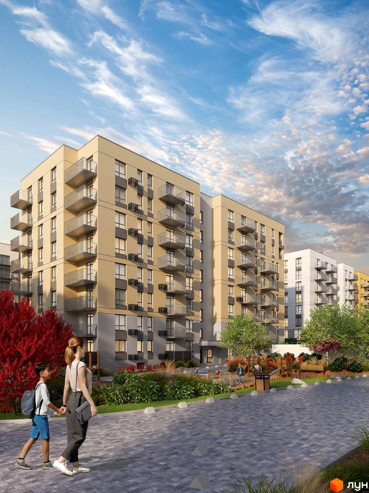 Житловий комплекс Садова Алея: фасади будинків з балконами та прибудинкова територія з дитячим майданчиком та зеленими насадженнями.