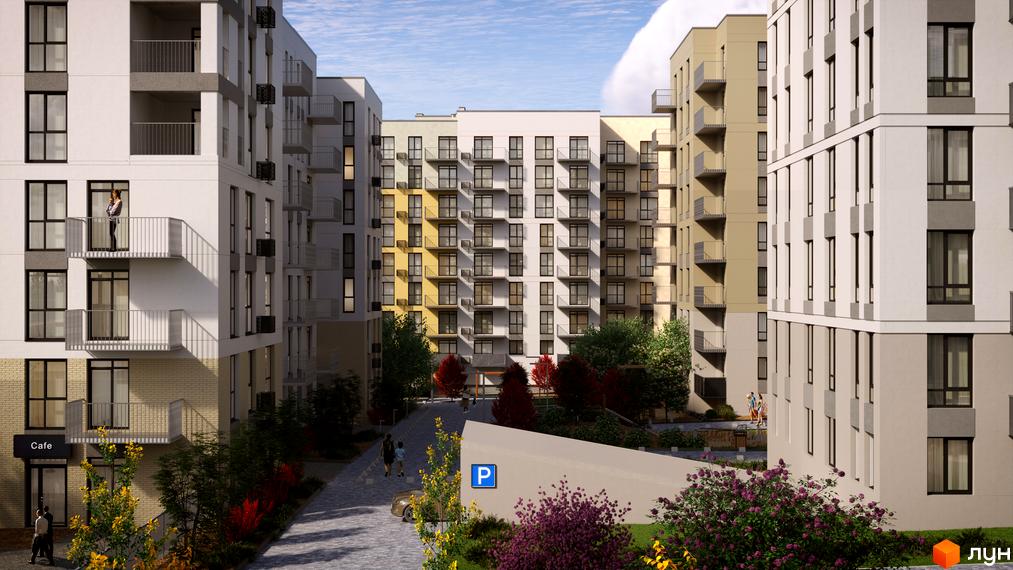 Житловий комплекс Садова Алея: фасади будівель з балконами та вікнами, зелена прибудинкова територія з доріжками та рослинами.