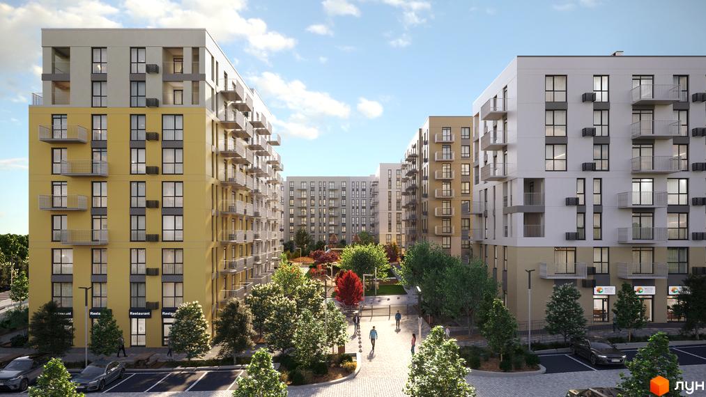 Житловий комплекс Садова Алея: багатоповерхові будинки з балконами та кондиціонерами, упорядкована прибудинкова територія з деревами та пішохідними доріжками.