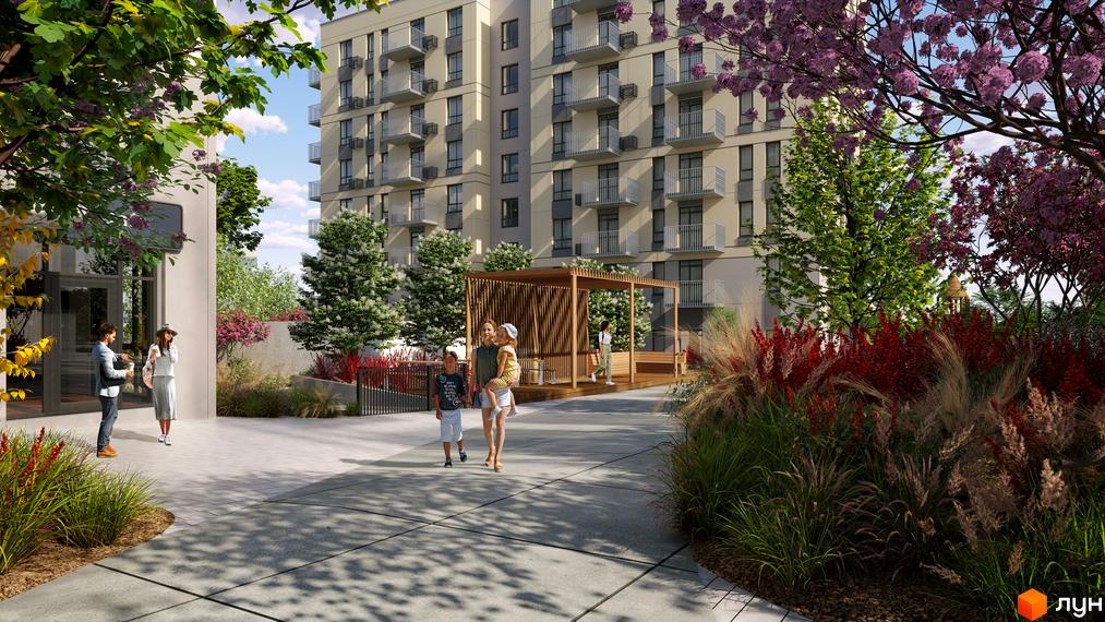 Житловий комплекс Садова Алея: багатоповерховий будинок з балконами та зеленою прибудинковою територією з альтанкою та квітами.