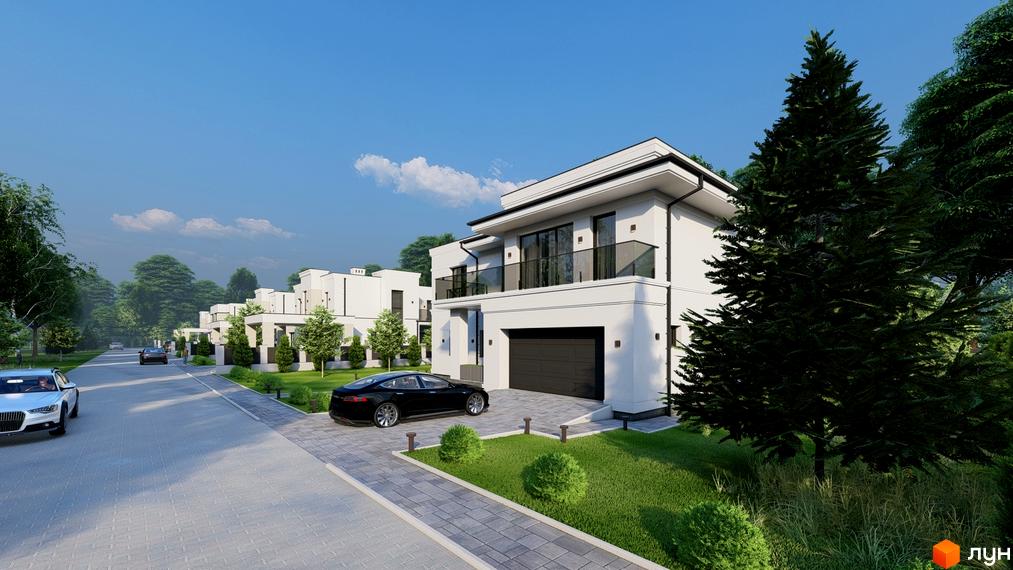 Білі двоповерхові будинки з балконами та гаражами в Котеджному містечку Затишна Солонка. Вулиця з бруківки, зелені газони та дерева.