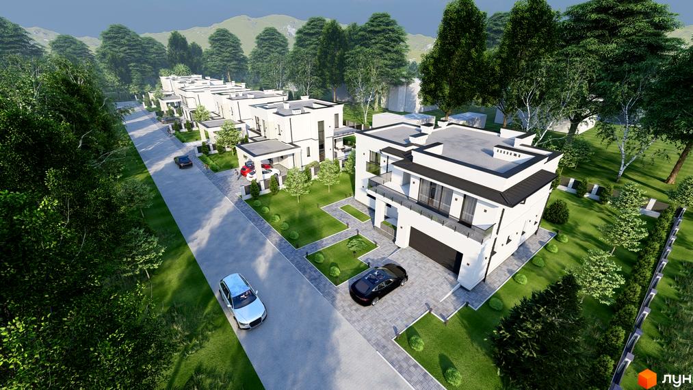 Білі двоповерхові будинки Котеджного містечка Затишна Солонка з темними дахами та балконами. Навколо зелені газони, дерева та бруковані доріжки.