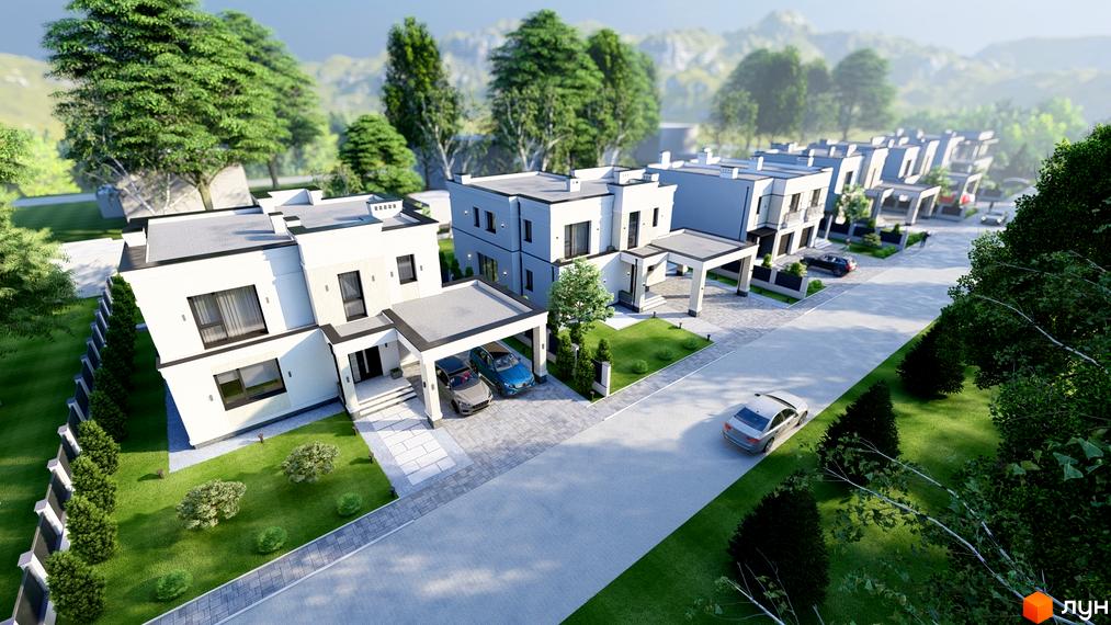 Зображення Котеджного містечка Затишна Солонка. Двоповерхові будинки з гаражами та доглянутою територією.