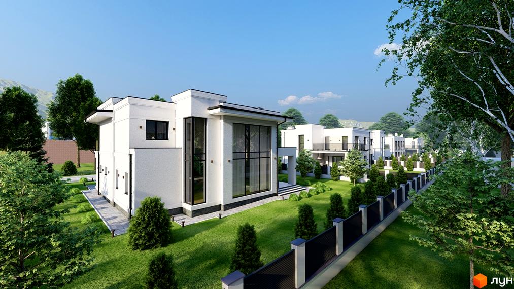 Зображення Котеджного містечка Затишна Солонка з білими будинками та великими вікнами на зеленій галявині.