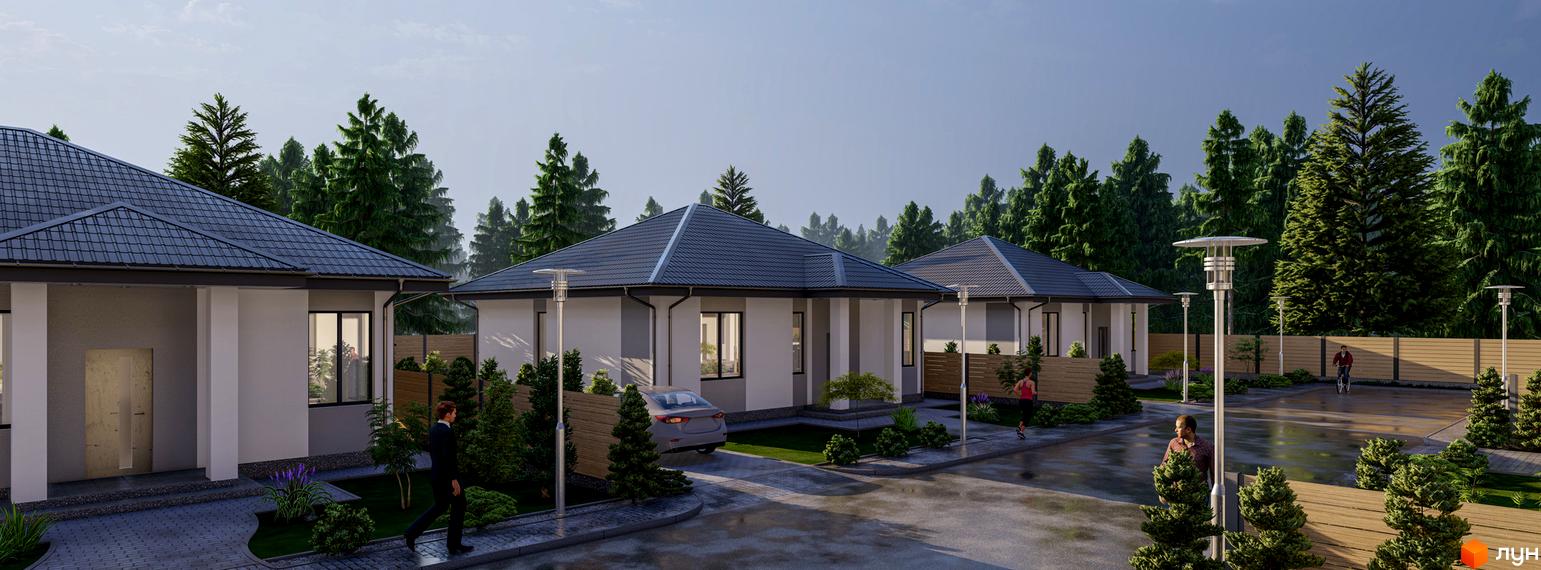 Котеджне містечко Лісок: одноповерхові будинки з сірими дахами та прибудинковою територією з деревами та освітленням.