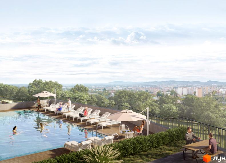 Житловий комплекс Viking Hills з басейном та зоною відпочинку на даху, що відкриває панорамний вид на місто та зелені пагорби.