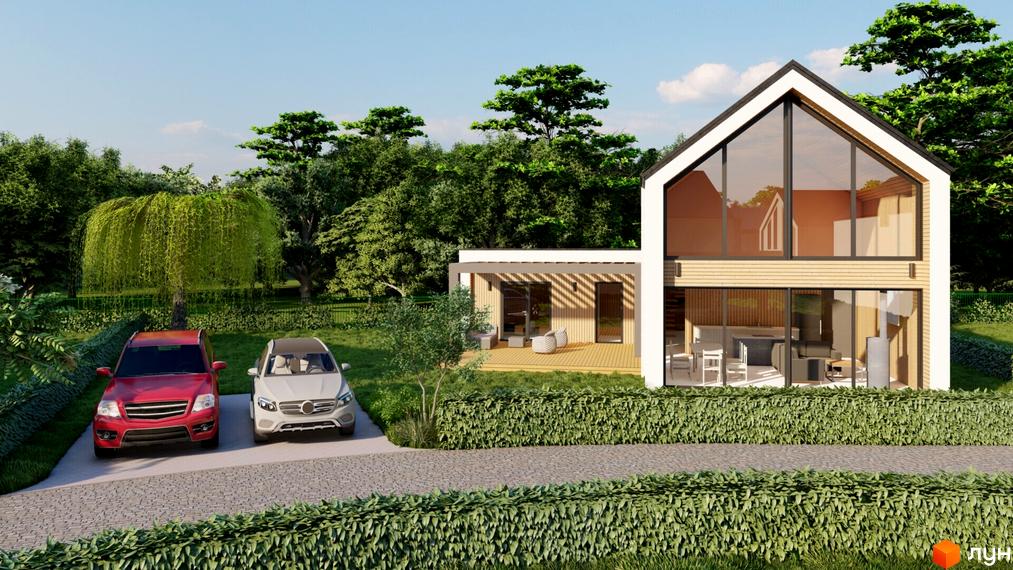 Котеджне містечко КМ Norway Village: двоповерховий будинок з панорамними вікнами та терасою, два автомобілі на парковці, зелена зона з деревами та живоплотом.