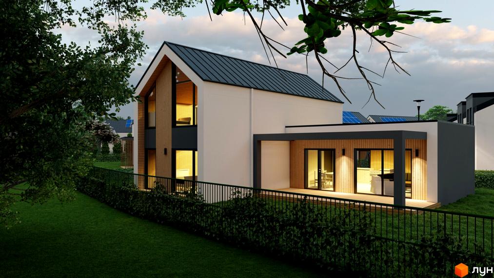 Котеджне містечко Norway Village: двоповерховий будинок з дерев'яними елементами та великими вікнами, огороджена зеленою ділянкою з газоном.